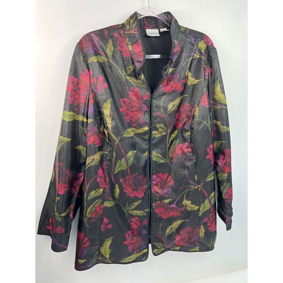 Chicos Jacket Haori Women's Sz 3‎ Black Floral Long Sleeves Beaded - Picture 1 of 10